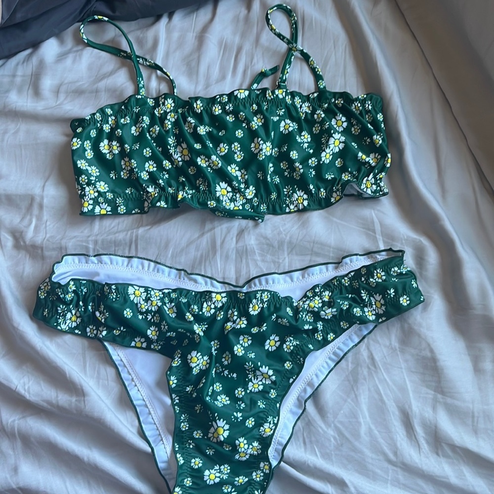 Two piece dark green w/ white floral pattern bikini